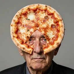 studio portrait of old man with a perfectly round head, shaped like a pizza, with a small face sticking through the center of a pizza margherita, disturbing reality, shocking revelation, unsettling, extremely detailed, soft lighting, sharp close - up, droopy eyes, exhibition, masterpiece by manny librodo