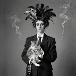 photographic portrait max ernst sad dancing woman giraffe feathers, wearing a suit, holding a cat, spiraling cigarette smoke, editorial