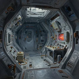 painting of broken interior of alien futuristic spaceship with amount of electromagnetic devices and tools, sharp edges, deep displacement, reflections, raytracing, raymarching, subsurface scattering, digital art, painted by alex flores