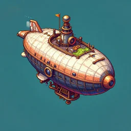 airship in steampunk, pixel art, ArtStation, Unreal Engine, isometric view. Game RPG