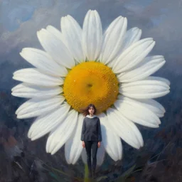 closeup, a giant daisy flower head, girl between monsteras, surreal photography, wind and cold, dramatic sky, impressionist painting, digital painting, artstation, simon stalenhag