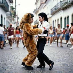 Michael jackson dancing with a guy wearing a fursuite at the streets of pelorinho Brazil, 1997, they dont care about us