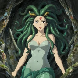 photorealistic Medusa creating art in her cave, anime key visual, digital art, anime screenshot, kyoto animation, makoto shinkai, trending on artstation
