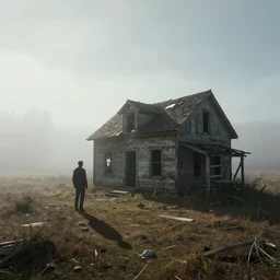 a man's shadow near the dilapidated house in the wilderness, fog, digital art