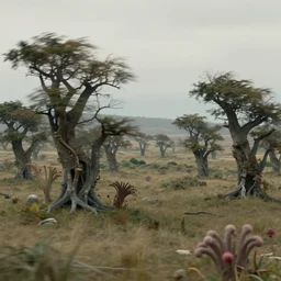 VERY windy fantasy landscape with oddly shaped trees and extremophile plants, far away landscape shot, tilt-shifted, high quality art, 4k
