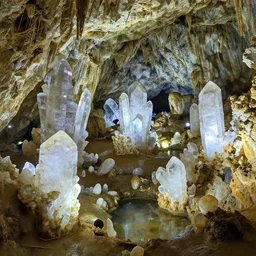 an extremely large cave, brightly lit, filled with quartz crystal formations, pools of water