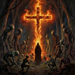 a dark fantasy painting of a religious sacrifice surrounded by aliens in a church, a brutal fire cross the room by greg rutkowski and sally mann, creatures comes out of the ground by kentaro miura, trending on artstation