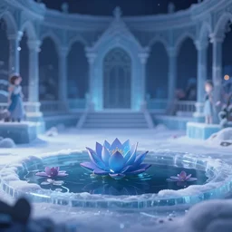 lily pond in the winter ice palace. award - winning 3 d anime by an indie studio, heavily stylized, rimlighting, depth of field, limited palette, impressionism, chiaroscuro, bokeh.