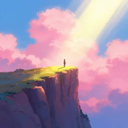 Aesthetic Lonely cliff , pink clouds in the sky, brightly illuminated by rays of sun, artstation, colorful sylvain sarrailh illustration, by peter chan, day of the tentacle style, twisted shapes