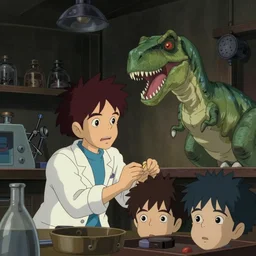 a very dull interior shot still from ponyo ( 2 0 0 8 ) of an old nerdy skinny scientist being attacked by a velicoraptor in his lab. close up on the faces, perfect art, grimdark, trending on pixiv fanbox, painted by studio ghibli