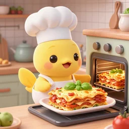 pixar 3 d style cute platypus on a kitchen wearing a chef hat and holding a lasagna into an oven, with three basil leaves over the lasagna, pixar style, 3 d, ratatouille style