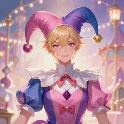award winning digital portrait of a feminine attractive male by sakimichan with soft facial features fool / jester, hisoka male art by sakimichan, beautiful carnival with soft pastel colors and lights, trending artstation, digital art, aesthetic, bloom, intricate, elegant, sharp focus, digital illustration, highly detailed, octane render, digital painting, concept art, artgerm, fantasy, masterpiece, by lisa buijteweg and sakimichan