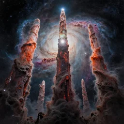 view from bizarre alien planet looking up at pillars of creation nebula, style of Don Maitz, style of Doug Chiang, style of Esao Andrews