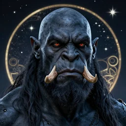centralized head - on character portrait, obsidian - skin handsome orc barbarian, bald, tusks, stars and night background, alphonse mucha, rhads, ross tran, artstation, artgerm, octane render, 1 6 k