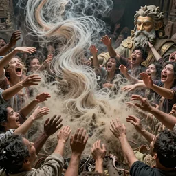 feedback loop , burst of powders ,detailed entangled fibres ,volumetric lighting, twisting vapour, bellowing dust ,flowing shimmering fabrics, emerging hands and an ancient male bearded face , Hundreds of humans , emerging hands and beautiful women’s and men screaming laughing and crying face , full colour , upscale , 4k
