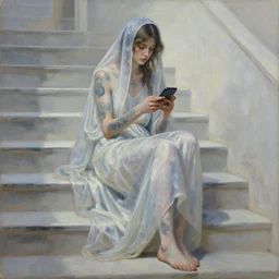 loose painting of a fragile, cool, beautiful, veiled, girl covered in tattoos and translucent, flowing, greek dress, endless flowing drapery, classical greece, alla prima, oil painting, by giovanni strazza, sargent and raffaelo monti, arranged in the golden ratio, playing iphone and sitting on stairs steps, epic composition, face fully visible, trending in artstation