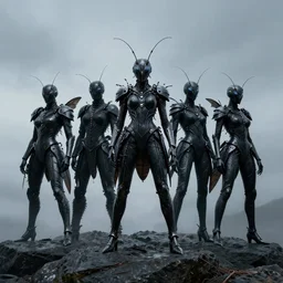 Photography of a rock black cyber metal post human group with costumes inspired by insects