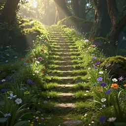 a flowery grassy fantasy unreal staircase to heaven, dramatic, lighting, rim light, artstation, digital art.