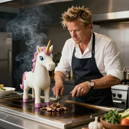hyper real Gordon Ramsey cooking a unicorn on a flat top grill 4k