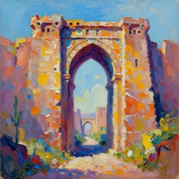 colorful andreas rocha impasto!! acrylic painting of the gateway of a forgotten civilization
