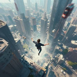 You see yourself descending from a building to the ground, You spin to see the traffic rising up, surreal, digital art, artstation