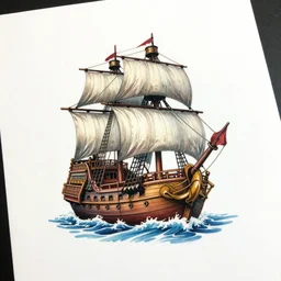 A realistic tattoo design of a magical pirate ship on white paper, realism tattoo design, highly detailed tattoo, shaded tattoo, hyper realistic tattoo