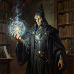 a beautiful painting of an advanced techno wizard holding a highly detailed ball of magic in their hand while standing in a dimly lit library by bruce pennington, german romanticism