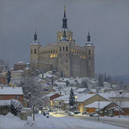 snowy evening at cuatro torres in madrid, painting by ivan shishkin