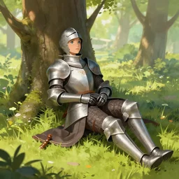 a female knight resting in a glade, vanillaware artwork