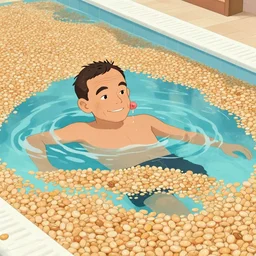 mr bean swimming in a pool full of beans