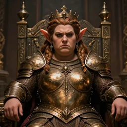 Portrait | chubby female dwarf queen | bronze dwarven breastplate | elaborated braided hair | style by greg rutkowski, wayne reynolds, jeff easley dramatic light | high detail | cinematic lighting | artstation | Regal and Proud robust woman| bold serious expression | dungeons and dragons | throne room |