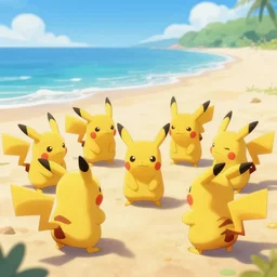 award winning photograph a of a group of pikachus playing at the beach, kawaii trending on artstation, sunny day