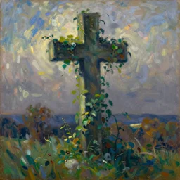 vintage beautiful painting of a tau cross being overgrown in Mary Cassatt style