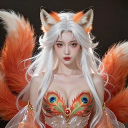 prompt A beautiful portrait of a white red orange kumiho, gorgeous asian face, translucent silky dress, a bra in the shape of peacock feathers, close up front view, long clumpy hair in the shape of fox tail, backlit, concept art, matte painting, by Peter Mohrbacher