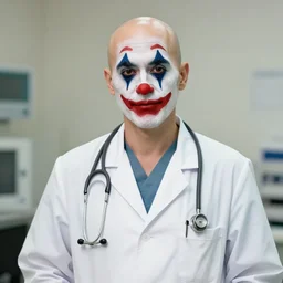 a bald doctor wearing clown makeup