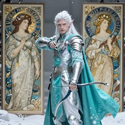 an epic concept art of a handsome snow elf in a turquoise cape and silver armour, bow and arrow, albino skin, winter vibes, elegant, very coherent symmetrical artwork, by ralph hosley and alphonse mucha and charlie bowater, sharp focus, trending on artstation