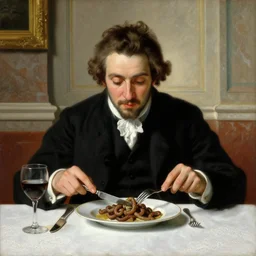 baroque oil painting handsome aristocrat in elegant black suit eating dish with cooked sandworm from dune using knife and fork in restaurant, painted by greg rutkowski cushart krentz jeremy mann, marble interior, front view, close up shot, soft studio lighting, elegant, morandi color scheme, white embroidered tablecloth, wine glass, baroque style, 8 k resolution