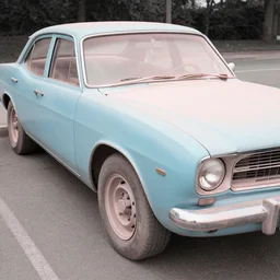 A photograph faded faded faded faded beater beater beater beater powder blue Dodge Aspin, realistic