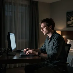 Photo of a man alone in the dark on his computer in his hotel room