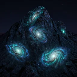 glow in the dark ink forms multiple galaxies over a rocky mountain, highly detailed, realistic, beautiful, unreal engine, glow