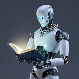 chained robotic humanoid holding a glowing book