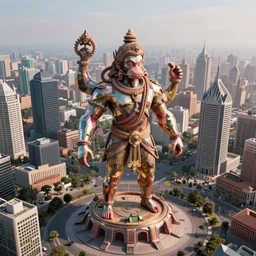 high quality 3 d cyberpunk biomorphic hanuman! monument & buildings in mumbai!!, highly detailed, cinematic smooth, stephen shore & john j. park, soft morning light, wide shot, high angle, uhd 8 k, sharp focus