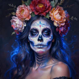 a beautiful oil painting hyperrealism of a beautiful woman, skull makeup, flowers, floral headdress, 8 k resolution, octane render, trending on artstation, by gediminas pranckevicius, volumetric light 2 blue fractal thunder glow by dan mumford, anaglyph effect, laurie lipton