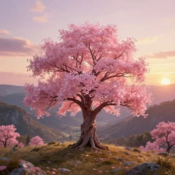 an enchanted shimmering pink leaves tree in the middle of a stunning valley during sunset, golden hour, by daniel conway, greg rutkowski and andreas rocha, highly detailed, soft illumination, high fantasy, concept art, trending on artstation, sharp focus, hasselbrad photography, beautiful digital art