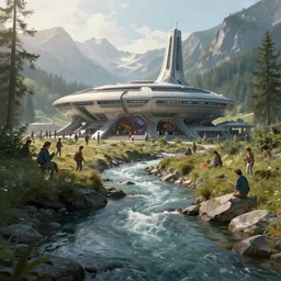 A busy science-fiction base hidden in the alps, river, morning, james paick, artstation