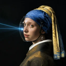 a woman's face in profile, glass helmet, laser, cloak, in the style of the dutch masters and gregory crewdson, dark and moody