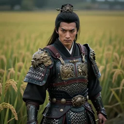 portrait of wuxia warrior in detailed ceremonial armor. in the background a field of rice. dark fantasy. digital art. high detail. sharp focus. high resolution. by a. j. manzanedo