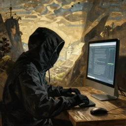 a renaissance painting of a computer hacker
