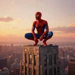 spider - man on top of a building in new york watching the sunset, unreal engine 5, render, cg society