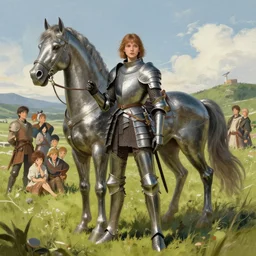 full body girl medieval armor and one metal horse landscape of meadow poses by gaston bussiere, anna nikonova aka newmilky, greg rutkowski, yoji shinkawa, yoshitaka amano, tsutomu niehi, moebius, donato giancola, geoffroy thoorens, concept art, trending on artstation, featured on pixiv, cinematic composition, 8 k